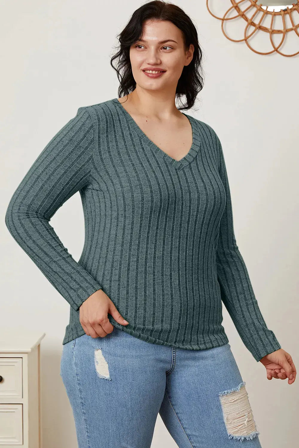 Basic Bae Full Size Ribbed V-Neck Long Sleeve T-Shirt - Love Salve